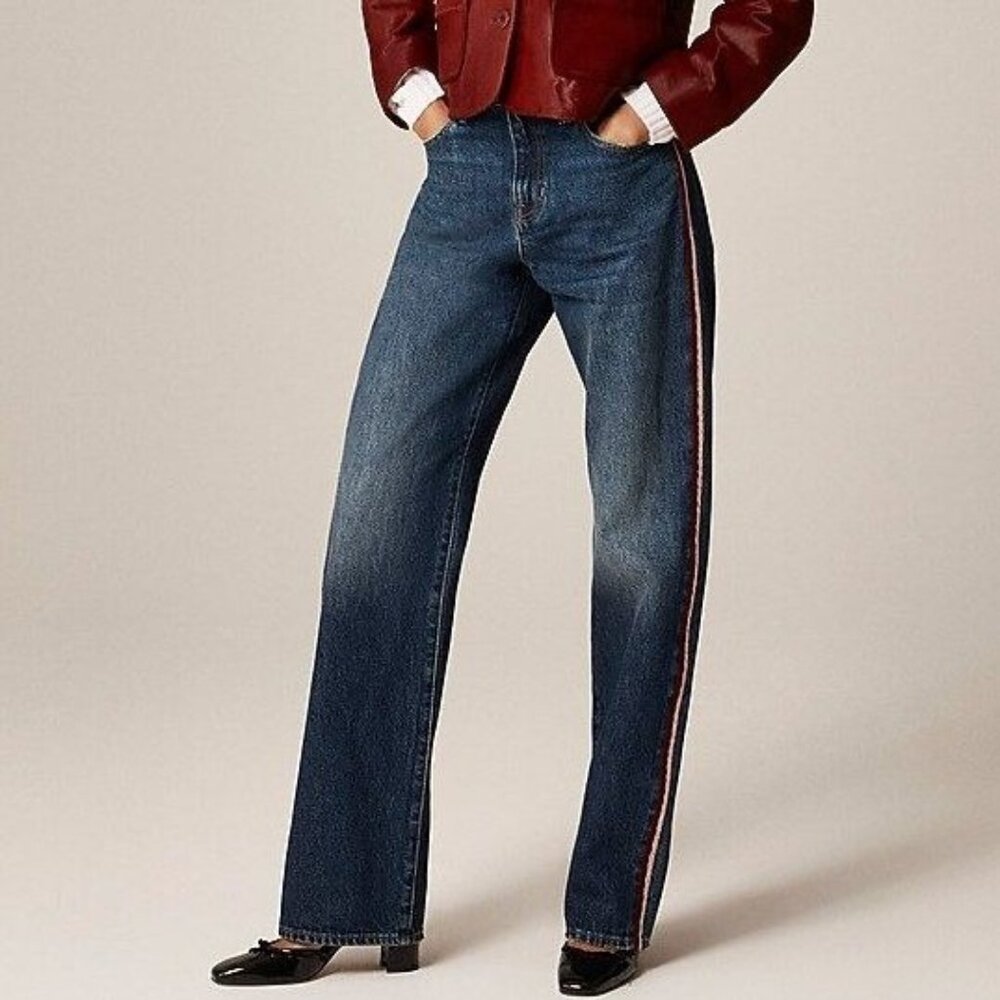 J. Crew Mid Rise Relaxed Straight Leg Pink Burgundy Velvet Stripe Jeans Size 31